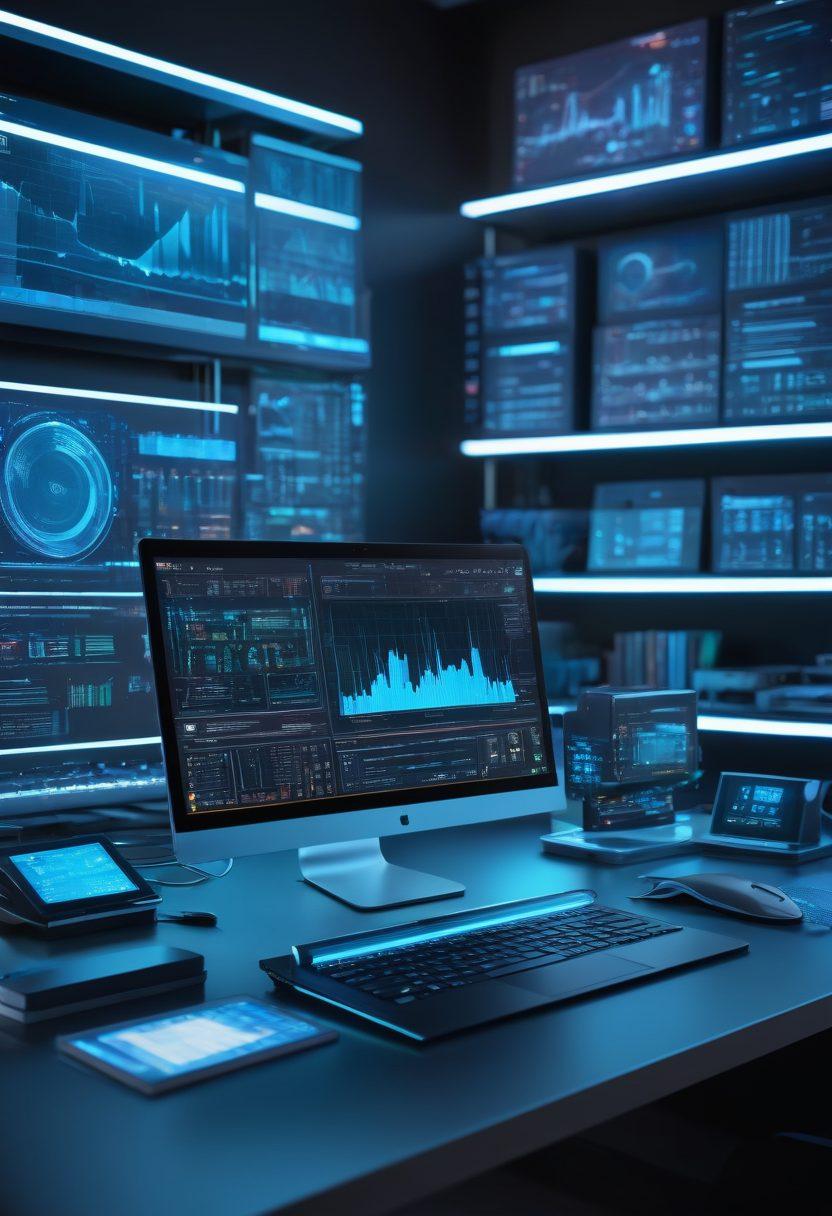 A futuristic workspace filled with cutting-edge electronics like a sleek laptop, smart gadgets, and circuit boards, with an expert analyzing data onscreen. In the background, shelves stacked with high-tech devices and a holographic interface showing analytical graphs. super-realistic. vibrant colors. 3D.