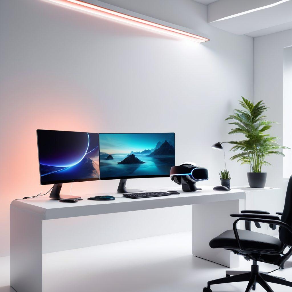 A sleek, futuristic workspace featuring cutting-edge hardware like a state-of-the-art computer with multiple ultra-thin monitors, smart gadgets such as a voice-activated AI assistant, wireless chargers, and an advanced VR headset. Soft, ambient lighting highlights the modern design, emphasizing sophistication and innovation. hyper-realistic. vibrant colors. white background.