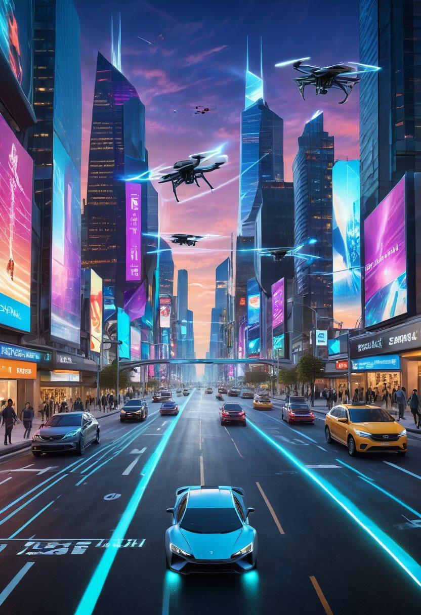 A futuristic scene featuring cutting-edge gadgets like smart glasses, a sleek smartwatch, and a hovering drone, all interconnected by a glowing network of digital pathways. The background should display a modern cityscape with holographic advertisements and flying cars. Emphasize innovation and modern technology. super-realistic. vibrant colors.